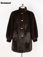 Nerazzurri Warm Faux Mink Fur Coat with Puff Sleeves (Women)