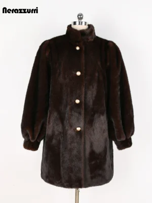Nerazzurri Warm Faux Mink Fur Coat with Puff Sleeves (Women)