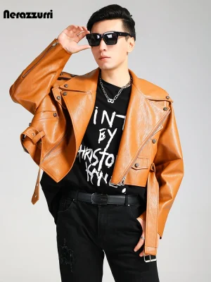 Nerazzurri Brown PU Leather Biker Jacket – Men’s Loose Fit Zipper Moto Jacket