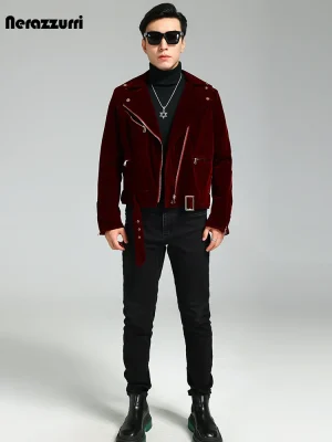 Nerazzurri Burgundy & Black Velvet Moto Jacket (Men)