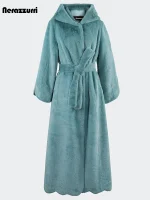 Nerazzurri Women's Extra Long Black Faux Rex Rabbit Fur Coat with Hood & Sashes – Autumn/Winter Luxury