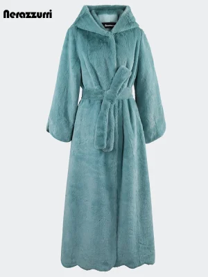 Nerazzurri Women's Extra Long Black Faux Rex Rabbit Fur Coat with Hood & Sashes – Autumn/Winter Luxury