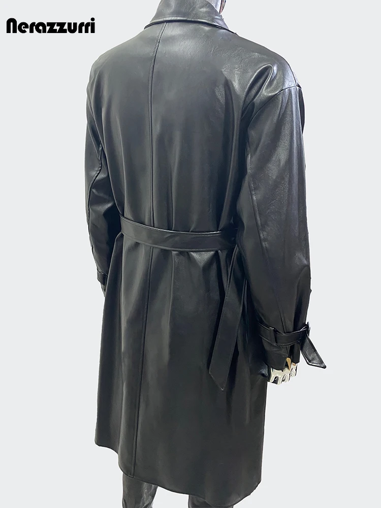 Nerazzurri Waterproof Black PU Leather Trench Coat for Men – Belted, Double‑Breasted (2024) - Image 3