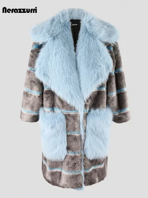 Nerazzurri Oversized Striped Patchwork Faux Fur Coat – Women’s Warm Winter Luxury