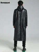 Nerazzurri Long Black Waterproof PU Leather Trench Coat – Men’s Hooded Plus Sizes