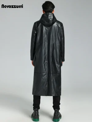Nerazzurri Long Black Waterproof PU Leather Trench Coat – Men’s Hooded Plus Sizes