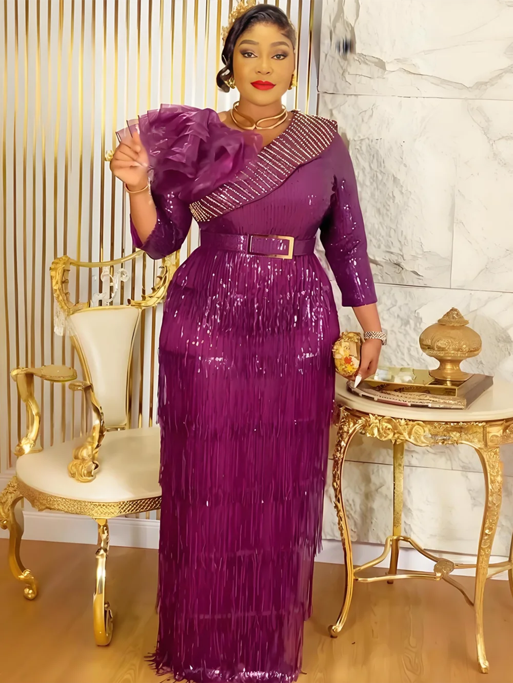 2025 Plus Size Dashiki Tassel Sequin Maxi Dress – Elegant African Wedding Gown - Image 3