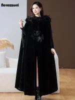 Nerazzurri Extra Long Black Velvet Cloak with Faux Fox-Fur Hood (Autumn/Winter 2023)