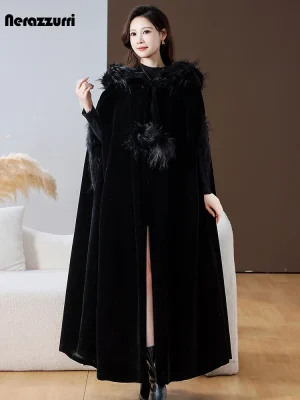 Nerazzurri Extra Long Black Velvet Cloak with Faux Fox-Fur Hood (Autumn/Winter 2023)