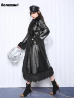 Nerazzurri Women's Quilted PU Leather Coat with Faux Fur Trim – Oversized, Belted, European Fashion
