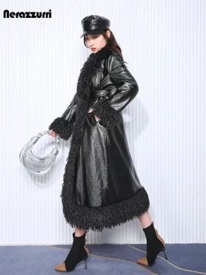 Nerazzurri Women's Quilted PU Leather Coat with Faux Fur Trim – Oversized, Belted, European Fashion