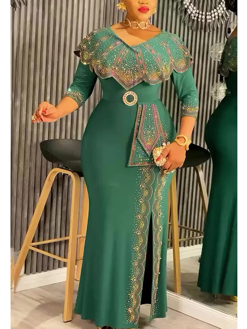 Plus Size African Dashiki Diamond Bodycon Slit Dress – Elegant Evening Gown - Image 4