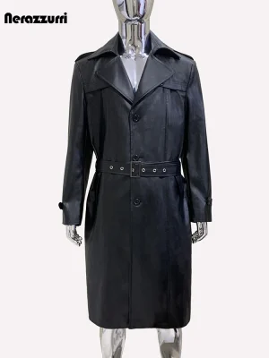 Nerazzurri Black Waterproof PU Leather Trench Coat – Men’s Belted Single-Breasted