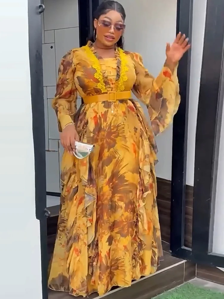 Elegant Ruffle Sleeve Chiffon Dress – African Floral Wedding Gown 2025