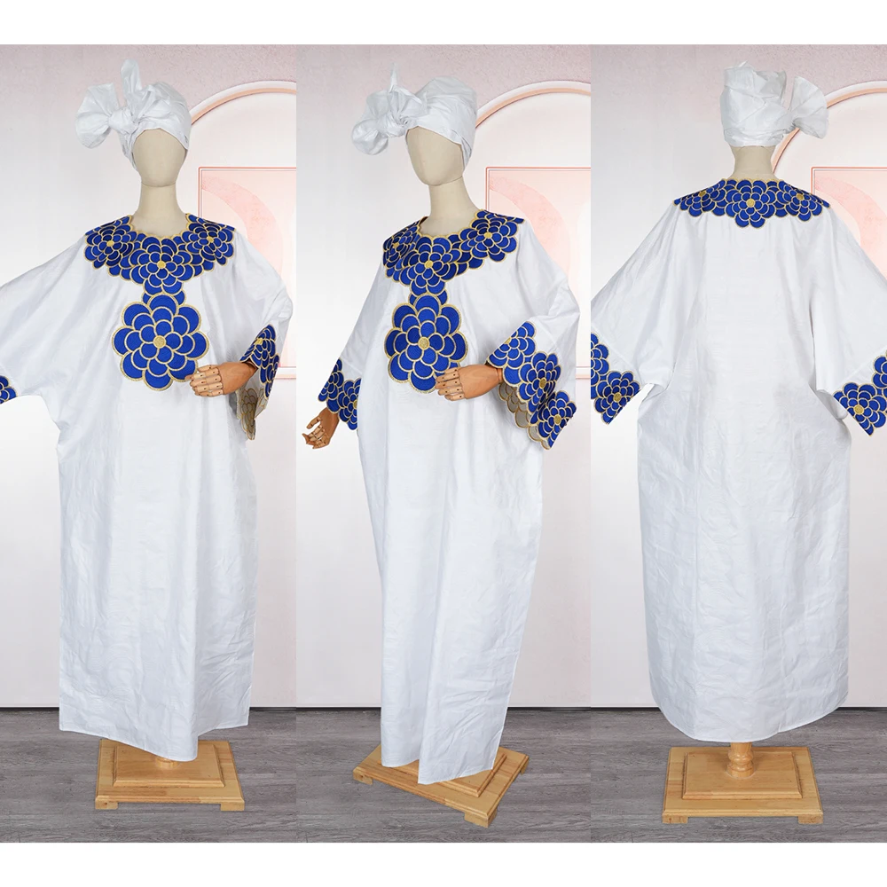 African Dashiki Embroidered Bazin Gown – White Ankara Wedding Dress - Image 2
