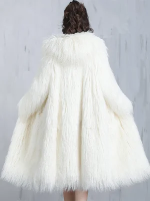 Nerazzurri White & Black Shaggy Faux Fur Cocoon Coat – Women’s Warm Hooded Jacket