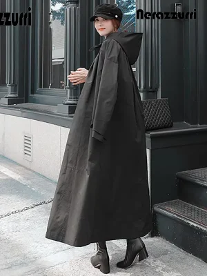 Nerazzurri Long Black Hooded Waterproof Raincoat (Women)
