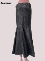 Lautaro Distressed Brown PU Leather Maxi Trumpet Skirt – Women’s Vintage Luxury