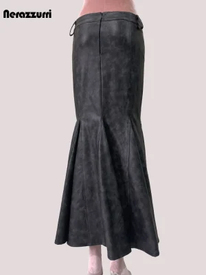 Lautaro Distressed Brown PU Leather Maxi Trumpet Skirt – Women’s Vintage Luxury