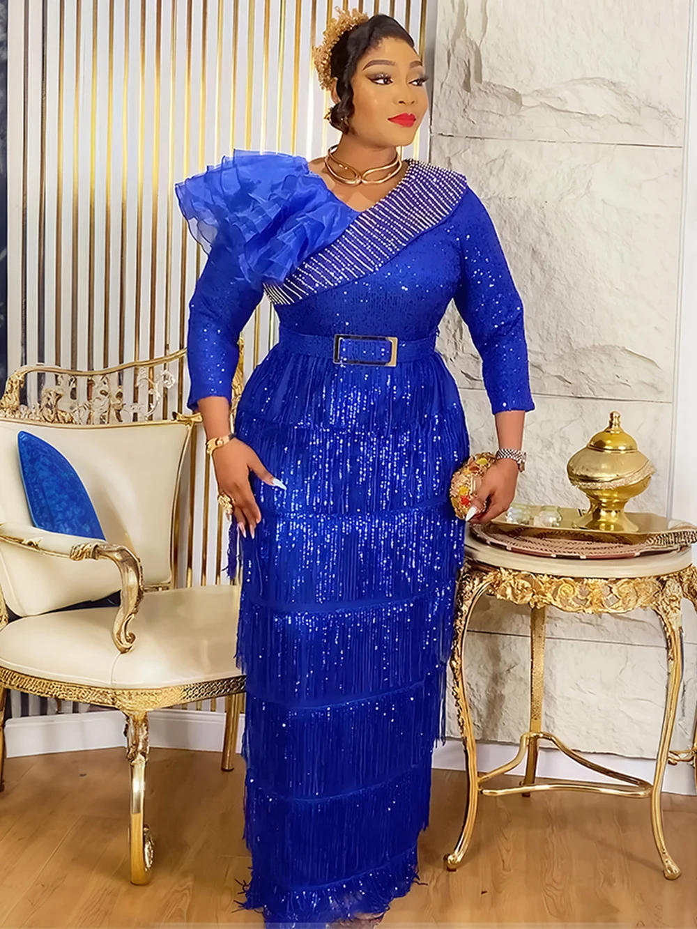Luxury Sequin Tassel Long Dress – Elegant African Dashiki Gown for Wedding & Party - Image 2
