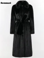 Nerazzurri Black Faux Mink Fur Coat – Women’s Long Warm Fitted Overcoat with Sashes