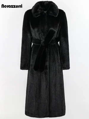 Nerazzurri Black Faux Mink Fur Coat – Women’s Long Warm Fitted Overcoat with Sashes