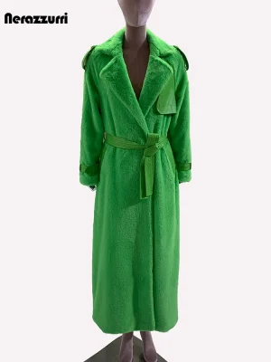 Women's Extra Long Green Faux Fur Trench Coat – Warm, Fluffy & Elegant