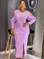 Plus Size Dashiki Diamond Bodycon Slit Dress – Elegant African Evening Gown