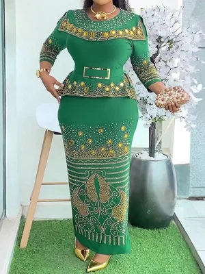 Luxury Crystal Bodycon Maxi Dress – African Dashiki Ankara Wedding & Party Kaftan