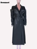 Nerazzurri Black Wool & PU Leather Patchwork Coat w/ Belt (Women)