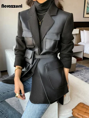 Nerazzurri Black Wool Blend Patchwork Leather Jacket (Women)