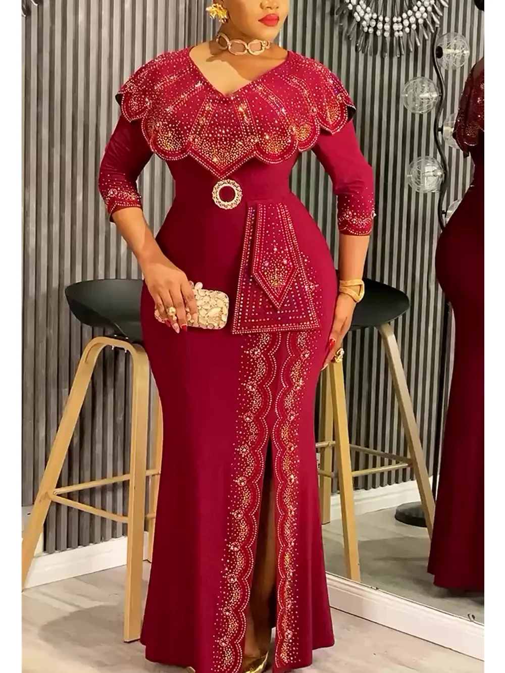 Plus Size African Dashiki Diamond Bodycon Slit Dress – Elegant Evening Gown
