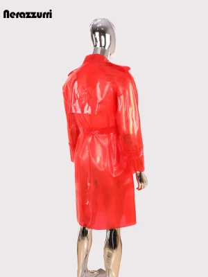 Long Transparent Red PU Leather Trench Coat – Men’s Double-Breasted Luxury