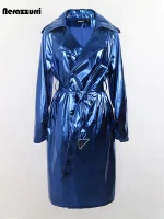 Nerazzurri Blue Patent PU Leather Trench Coat – Women’s Belted European Style
