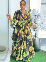 2025 African Floral Chiffon Maxi Dress – Long Sleeve Party Gown