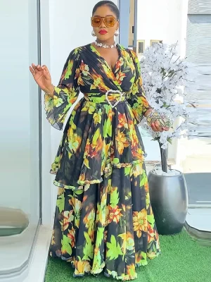 2025 African Floral Chiffon Maxi Dress – Long Sleeve Party Gown