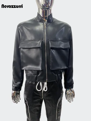 Men's Black PU Leather Jacket – Waterproof, Zipper, 3D Pockets