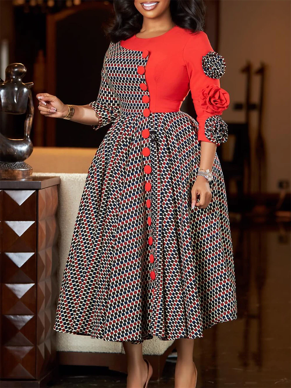 Plaid Print Maxi Dress – Elegant African Dashiki Office & Party Dress for Women