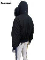 Nerazzurri Thickened Black Short Jacket – Men’s Faux Fur Trim Hooded Zip-Up