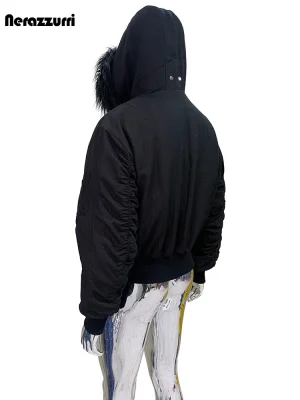 Nerazzurri Thickened Black Short Jacket – Men’s Faux Fur Trim Hooded Zip-Up