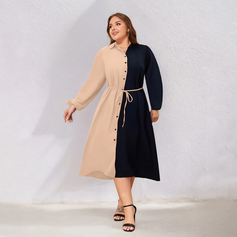 Plus Size Colorblock Shirt Dress with Belt (1XL–6XL) - Image 4