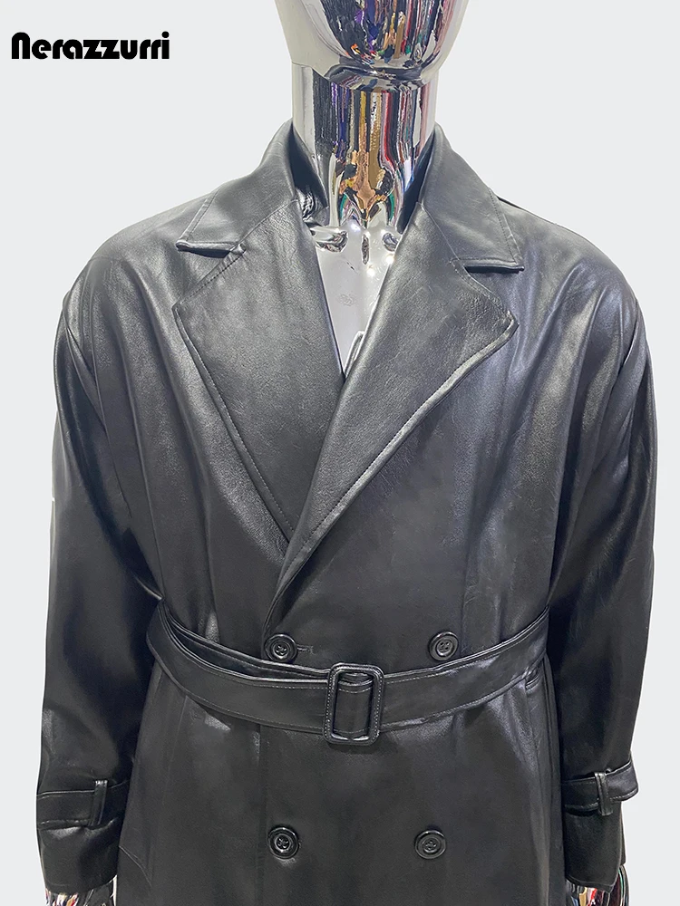 Nerazzurri Waterproof Black PU Leather Trench Coat for Men – Belted, Double‑Breasted (2024) - Image 5