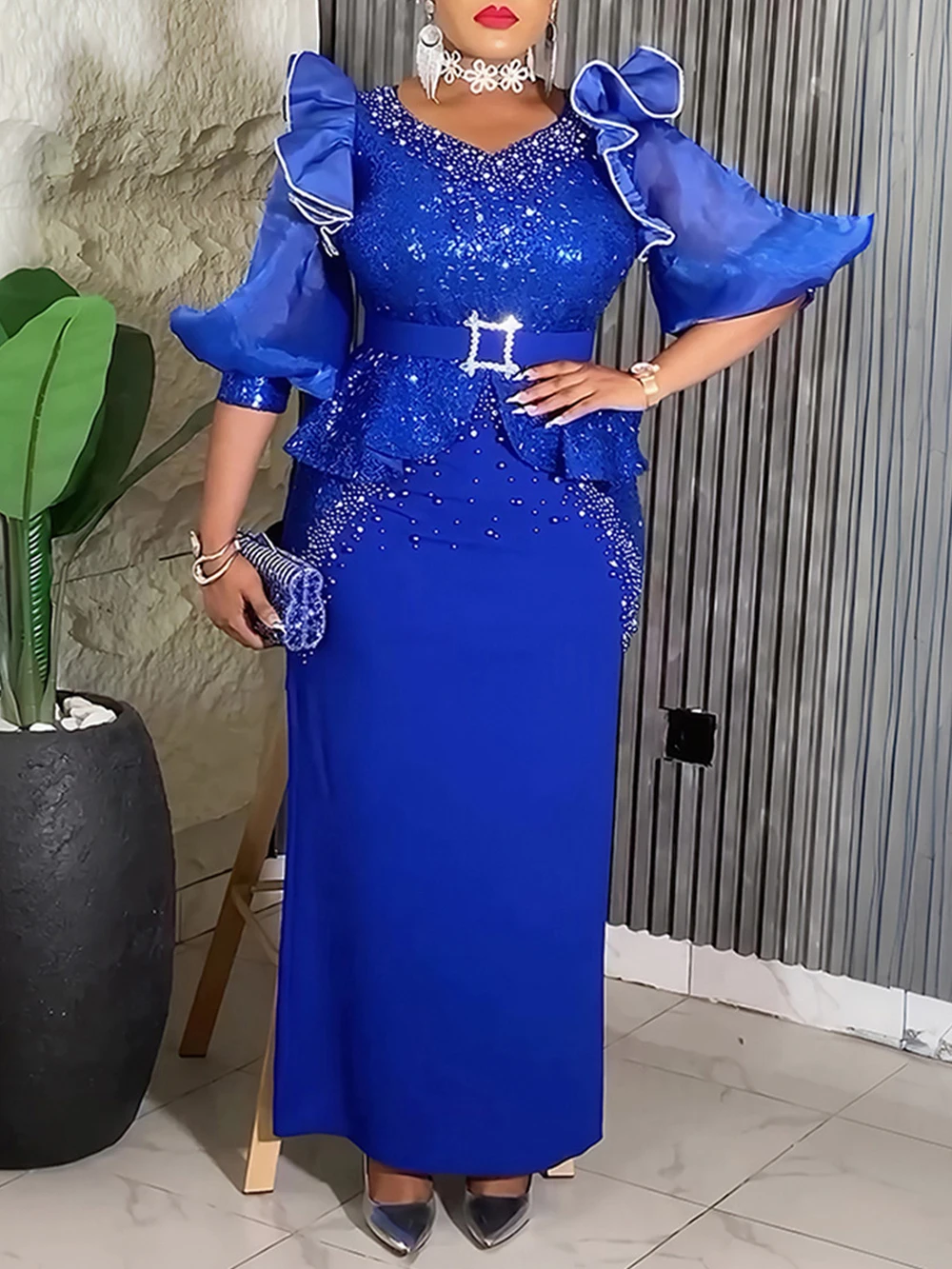 2025 Luxury Sequin Beaded Bodycon Maxi Dress – Puff Sleeve Wedding & Party Gown - Image 3