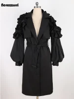 Nerazzurri Khaki Ruffled Trench Coat – Elegant Spring/Autumn Style
