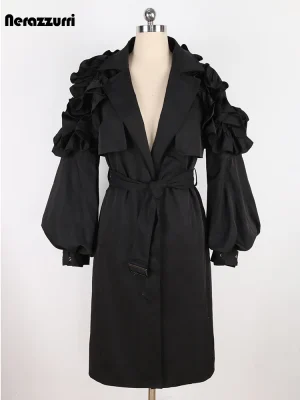 Nerazzurri Khaki Ruffled Trench Coat – Elegant Spring/Autumn Style