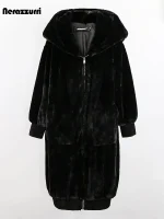 Nerazzurri Oversized Black Faux Fur Winter Coat with Hood