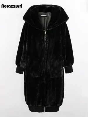 Nerazzurri Oversized Black Faux Fur Winter Coat with Hood