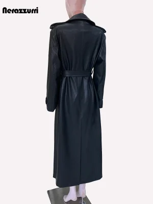 Women’s Extra Long Waterproof Black PU Leather Trench Coat – Nerazzurri