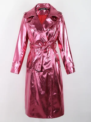 Nerazzurri Shiny Patent Leather Trench Coat – Women’s Reflective Fashion