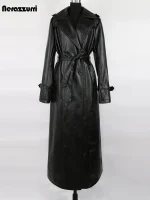 Nerazzurri Extra Long Black PU Leather Trench Coat for Women